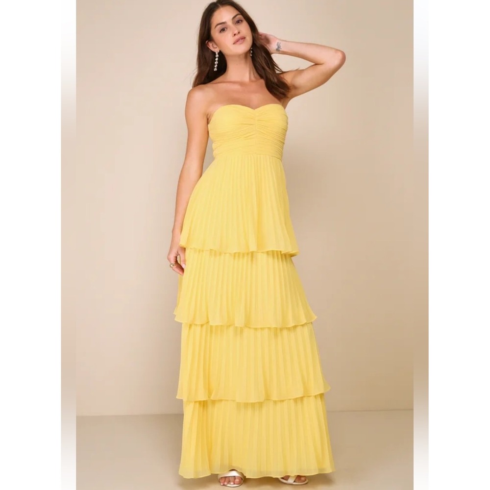 Lulus Seriously Sensational Yellow Strapless Tiered Maxi Dress - Size XL NEW
